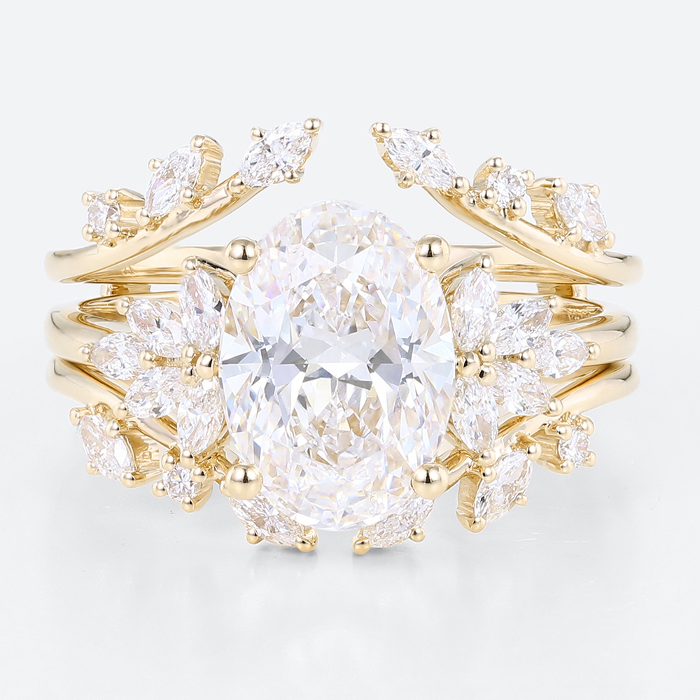 2.5ct Colorless VS+ Oval Cut Lab Grown Diamond Blooming Floral 4-Prong Bridal Ring Set in Yellow Gold