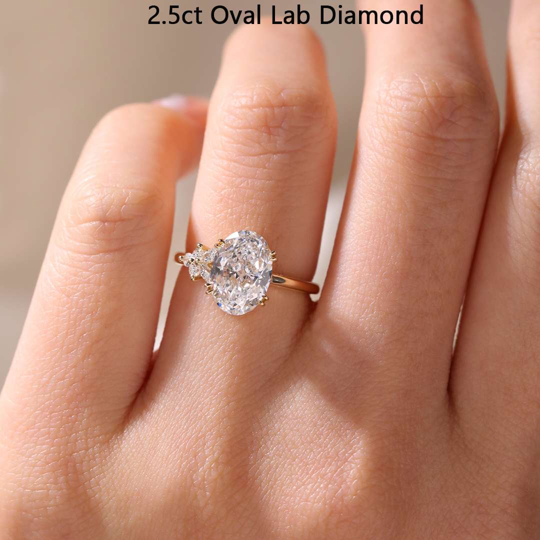 2ct Lab Diamond Ring Oval Cut Asymmetrical Engagement Ring in Yellow Gold