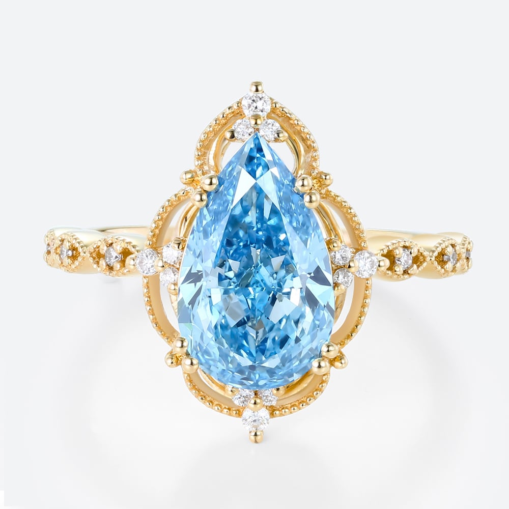 2.5ct Lab Blue Diamond Ring Pear Cut Vintage Milgrain Prong Ring
