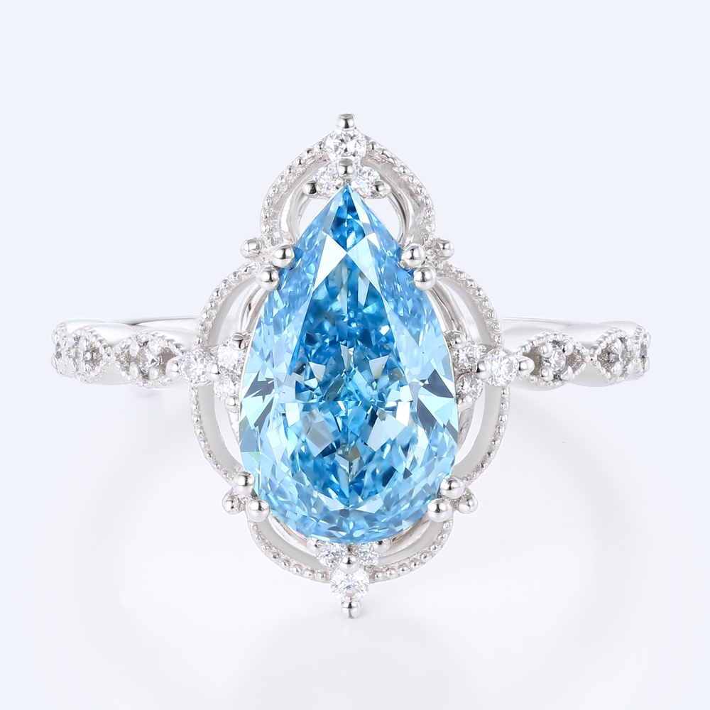 White Gold 2.5ct Lab Blue Diamond Ring Pear Cut Fancy Blue Vintage Milgrain 8-Prong Engagement Ring