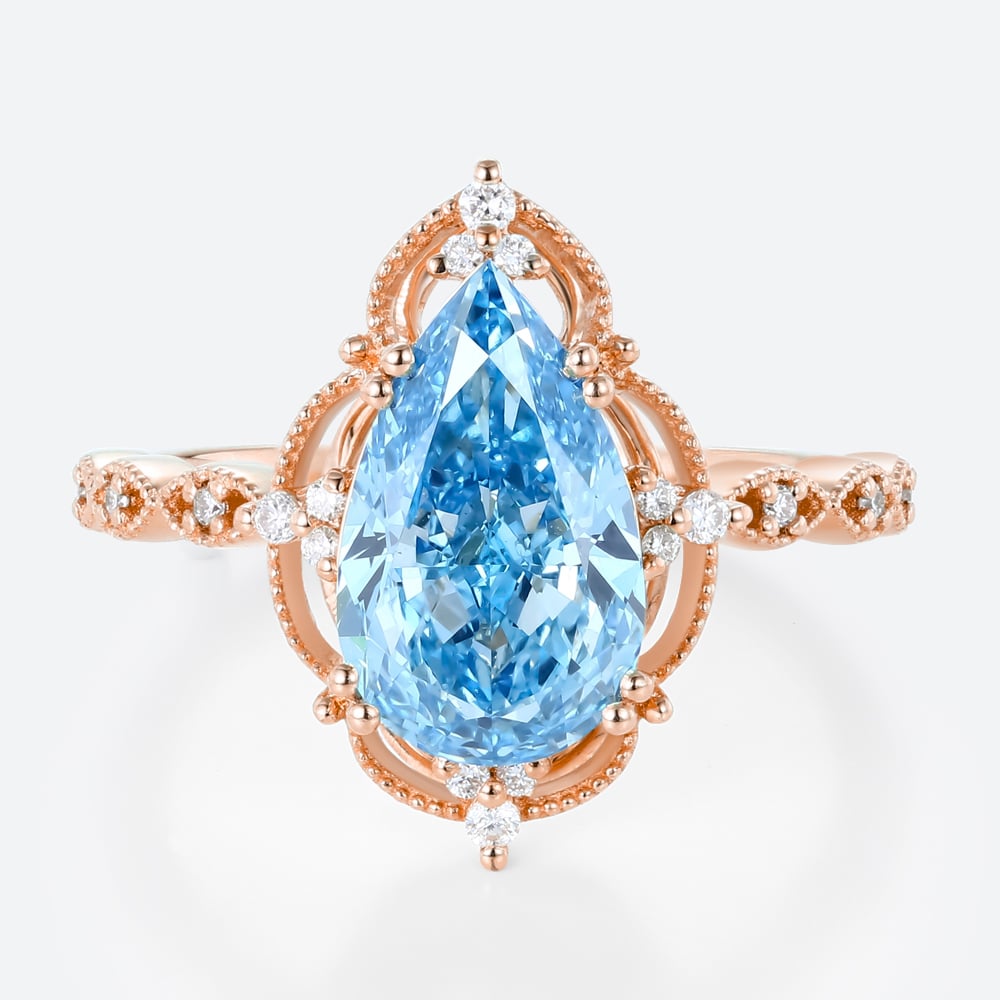 Rose Gold 2.5ct Lab Blue Diamond Ring Pear Cut Fancy Blue Vintage Milgrain 8-Prong Engagement Ring