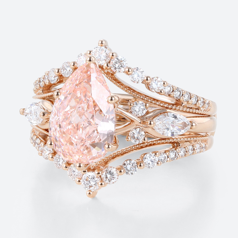 Lab Pink Diamond Ring Set 2.5ct Fancy Pink VS+ Pear Cut Lab Grown Pink Diamond Gorgeous 6-Prong Bridal Ring Set in Rose Gold