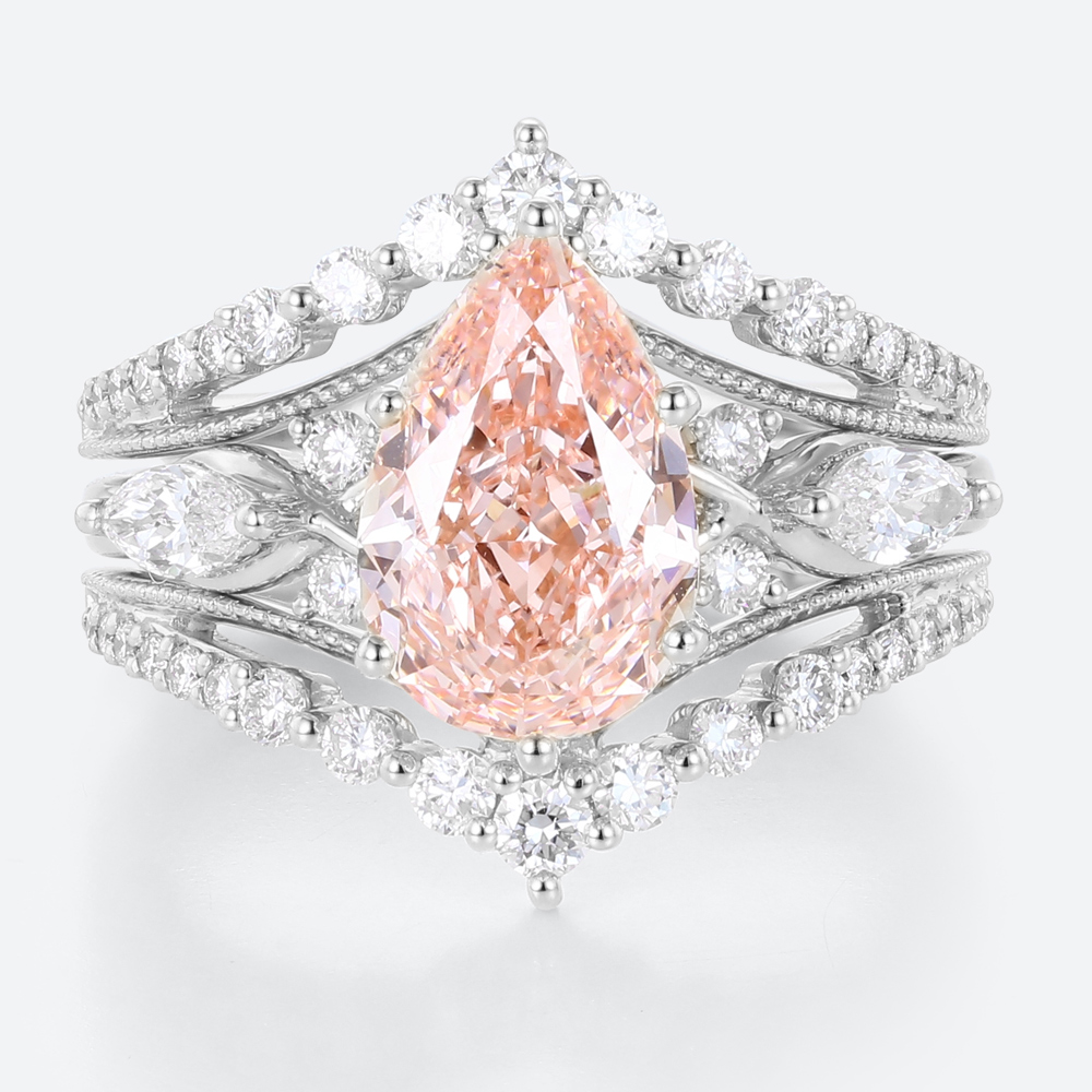 Lab Pink Diamond Ring Set 2.5ct Fancy Pink VS+ Pear Cut Lab Grown Pink Diamond Gorgeous 6-Prong Bridal Ring Set in White Gold