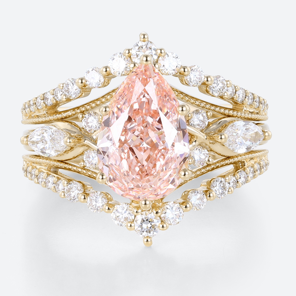 Lab Pink Diamond Ring Set 2.5ct Fancy Pink VS+ Pear Cut Lab Grown Pink Diamond Gorgeous 6-Prong Bridal Ring Set in Yellow Gold