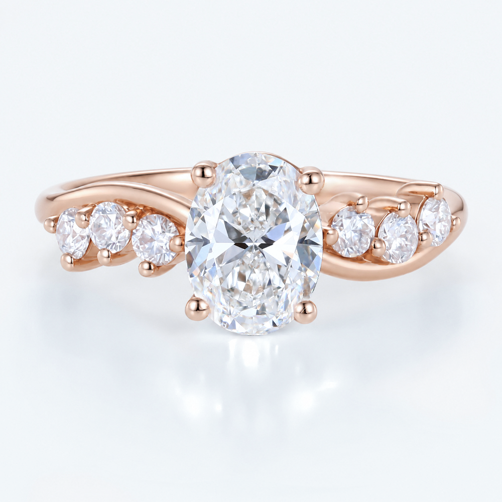 1.5ct Oval Cut Lab Grown Diamond Swirling Band Engagement Ring in Rose Gold
