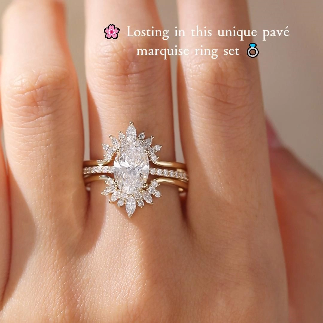 4ct Oval Cut Lab Grown Diamond Pavé Marquise Accent Three-Piece Bridal Ring Set in Yellow Gold