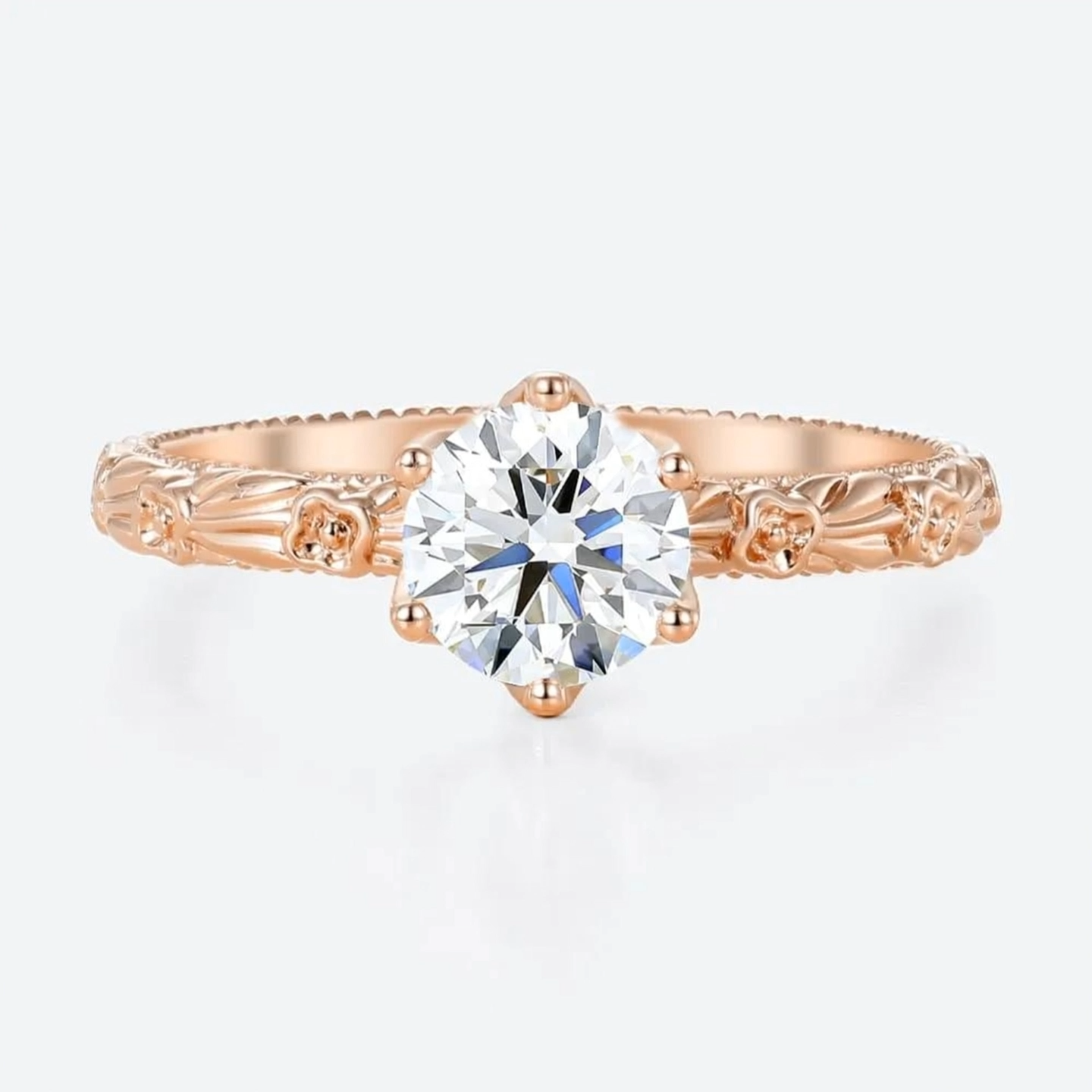 1ct Round Cut Lab Grown Diamond Floral-Engraved Engagement Ring in Rose Gold