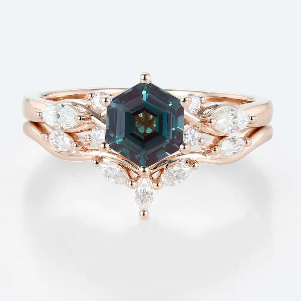 rose gold Alexandrite Rings Set Hexagon Cut Alexandrite Ring with Curved Ring