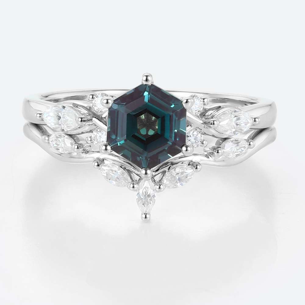 white gold Alexandrite Rings Set Hexagon Cut Alexandrite Ring with Curved Ring