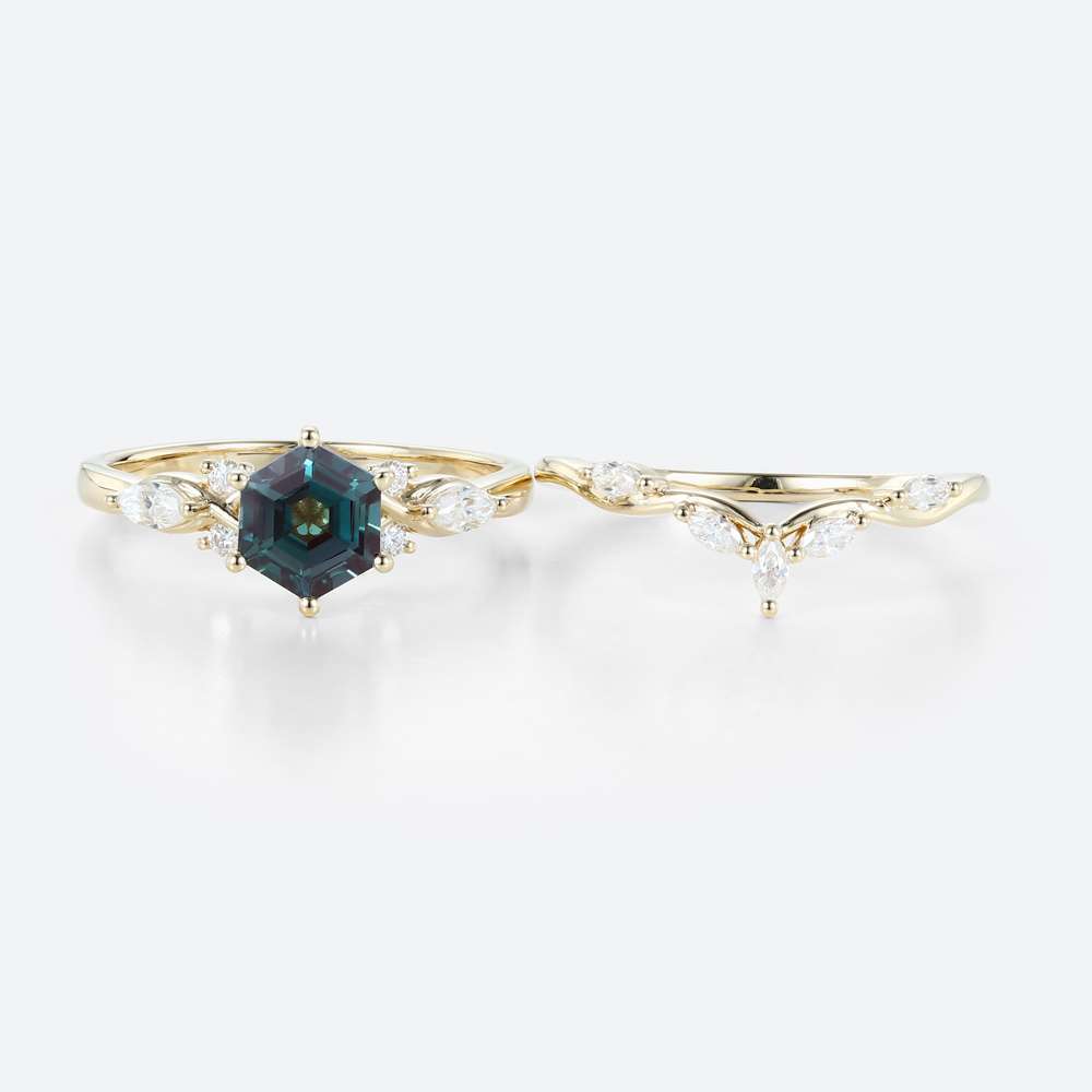 yellow gold Alexandrite Rings Set Hexagon Cut Alexandrite Ring with Curved Ring
