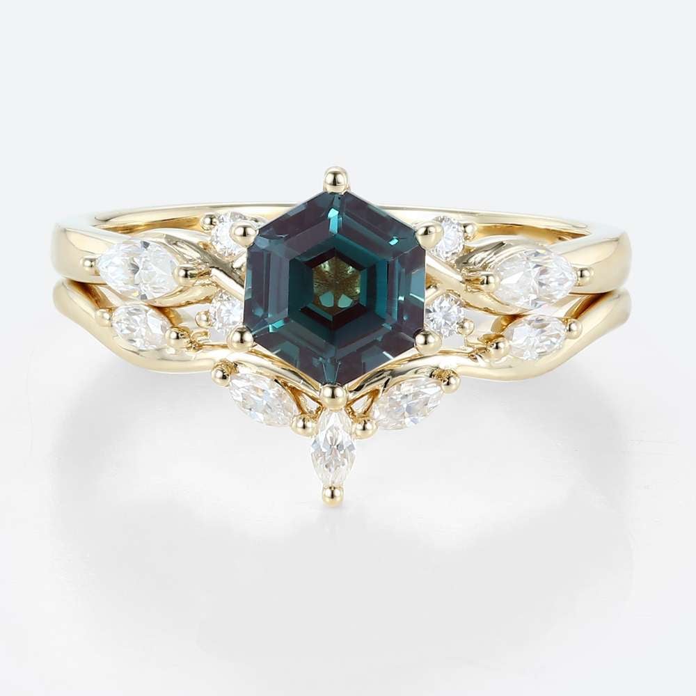 yellow gold Alexandrite Rings Set Hexagon Cut Alexandrite Ring with Curved Ring