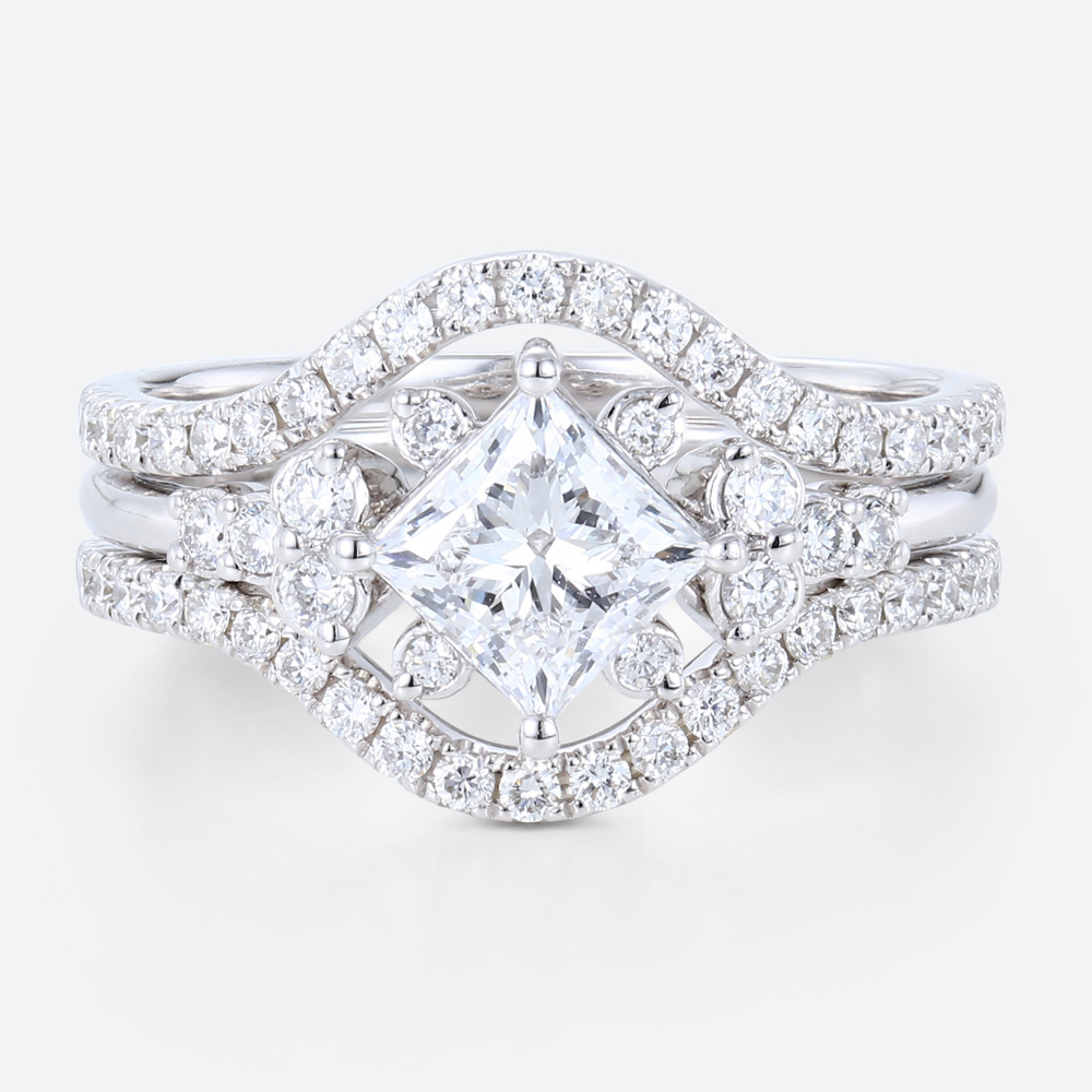 2PCS White Gold Princess Cut Lab Grown Diamond Ring Bridal Set