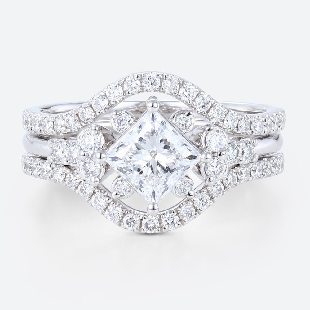 2PCS White Gold Princess Cut Lab Grown Diamond Ring Bridal Set