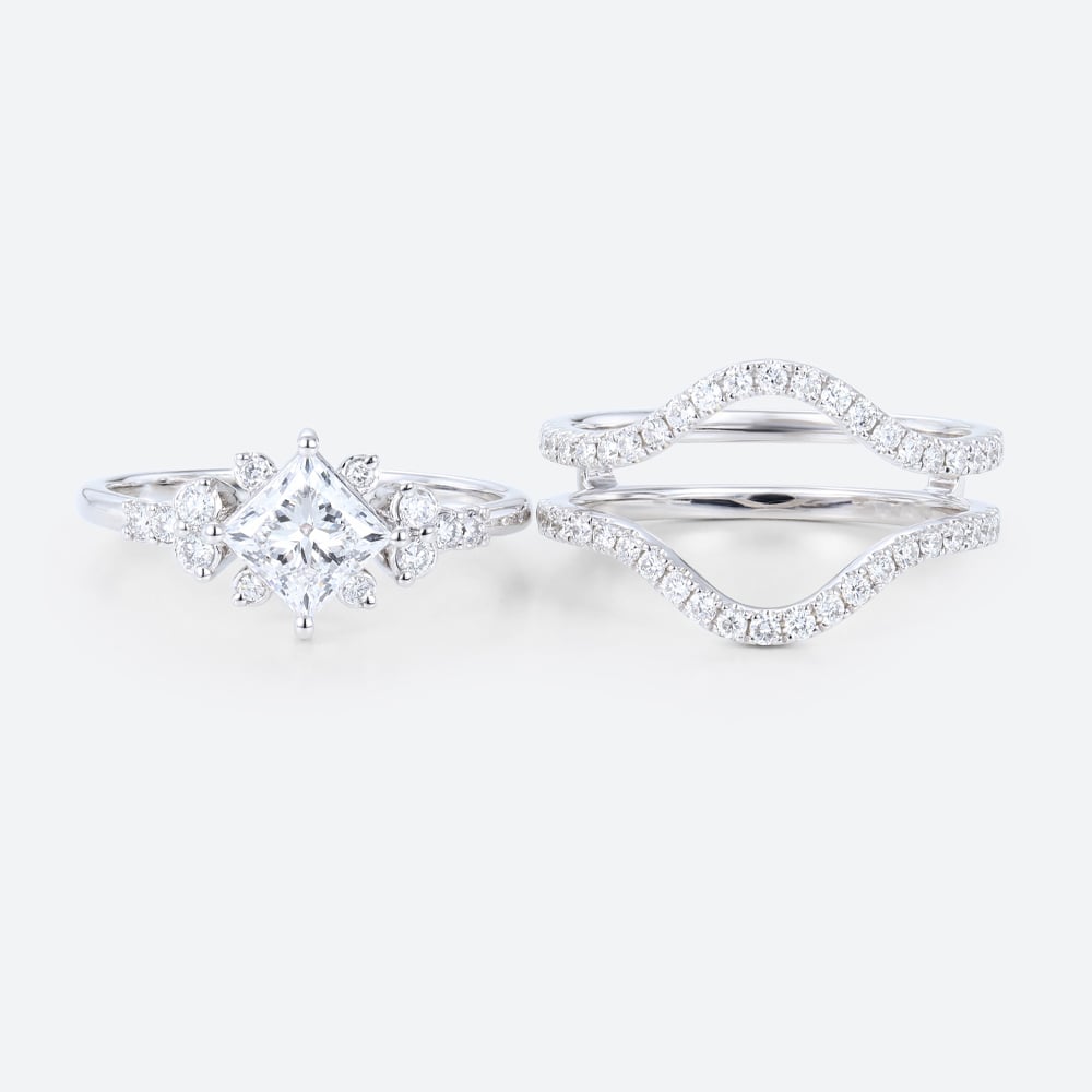 2PCS White Gold Princess Cut Lab Grown Diamond Ring Bridal Set