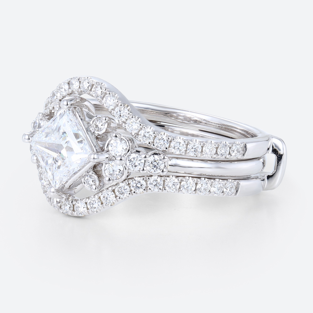 2PCS White Gold Princess Cut Lab Grown Diamond Ring Bridal Set