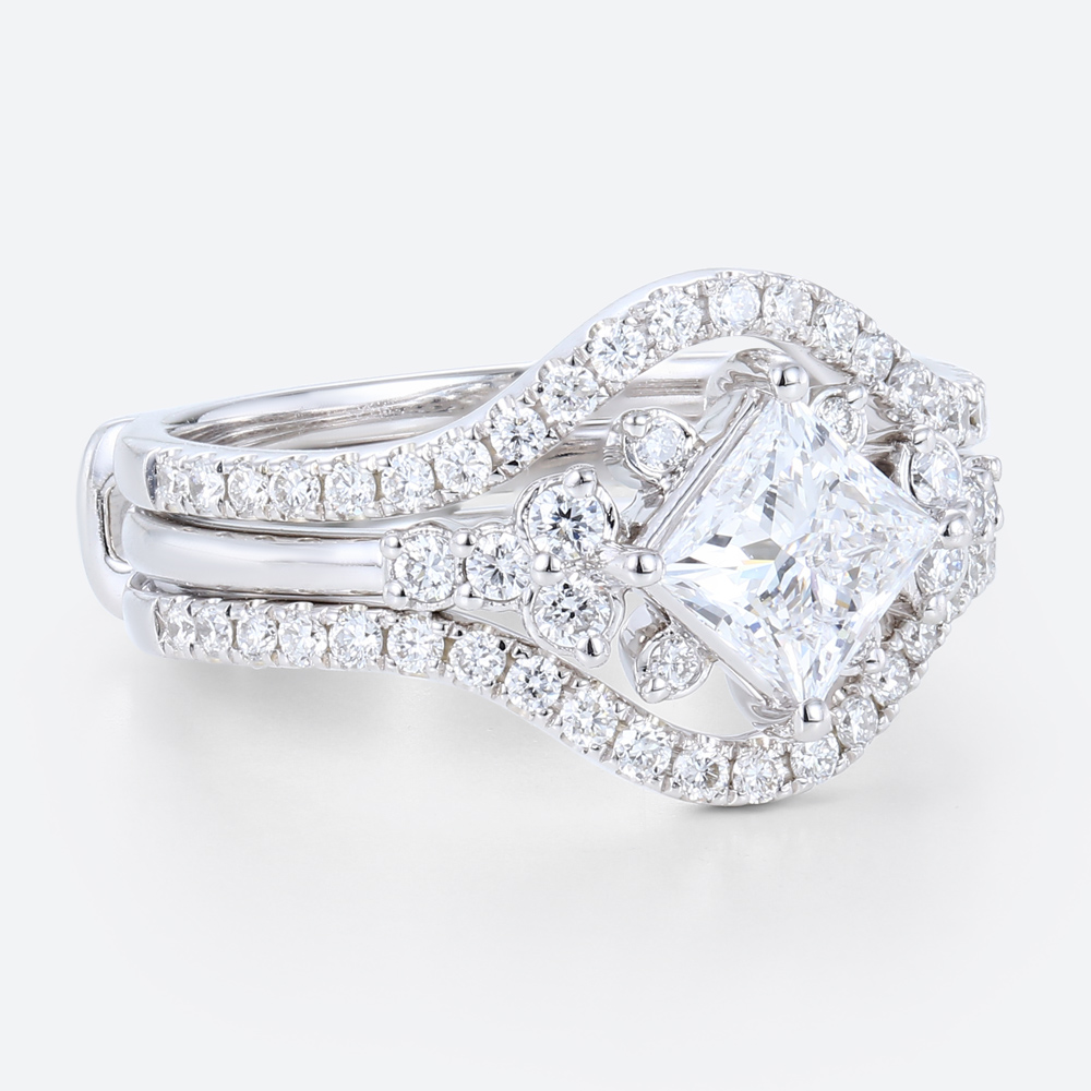 2PCS White Gold Princess Cut Lab Grown Diamond Ring Bridal Set