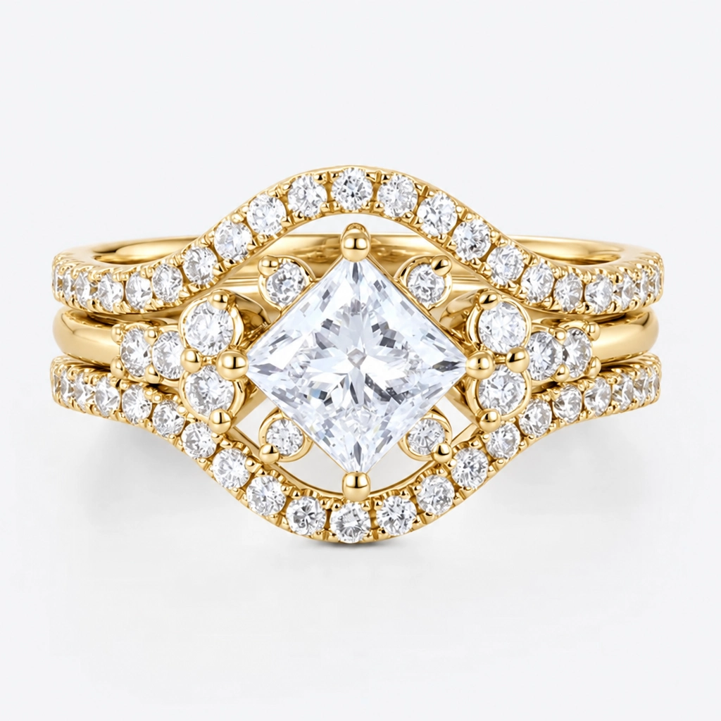 1.5ct Princess Cut Lab Grown Diamond Round Cluster Bridal Ring Set in White Gold