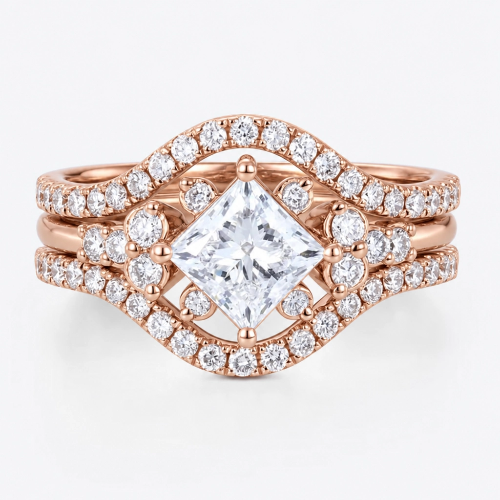 1.5ct Princess Cut Lab Grown Diamond Round Cluster Bridal Ring Set in White Gold