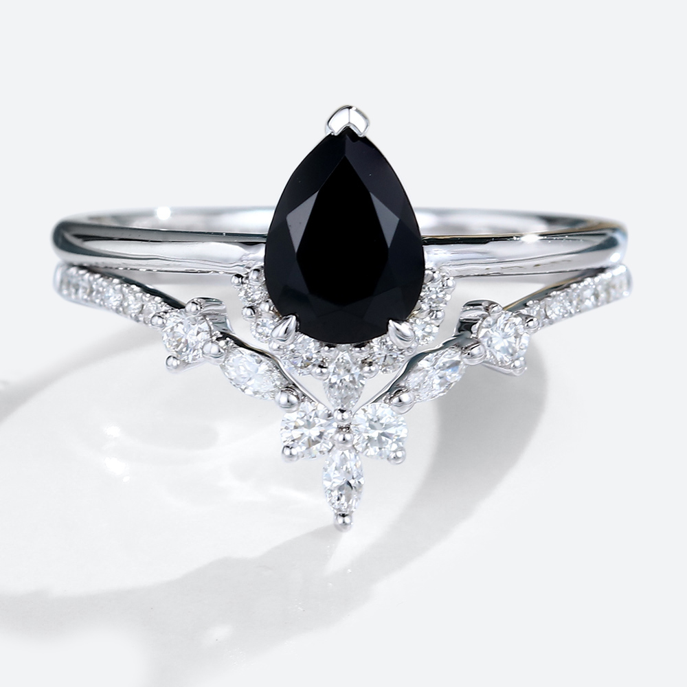 2PCS 14k White Gold Black Onyx Engagement Ring Curved Wedding Ring Set