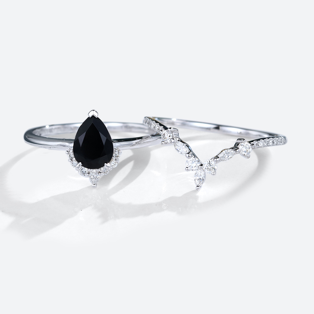 2PCS 14k White Gold Black Onyx Engagement Ring Curved Wedding Ring Set