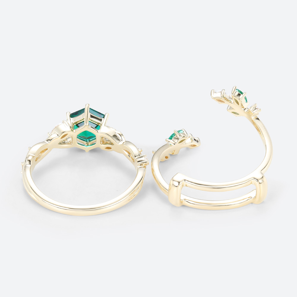 2PCS Hexagon Shaped Lab Emerald Twisted Engagement Ring Nature-Inspired Bridal Ring Set (4)