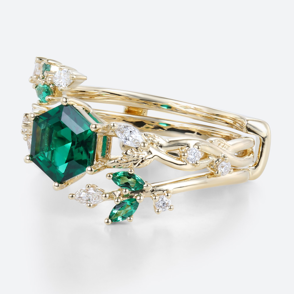 2PCS Hexagon Shaped Lab Emerald Twisted Engagement Ring Nature-Inspired Bridal Ring Set (5)