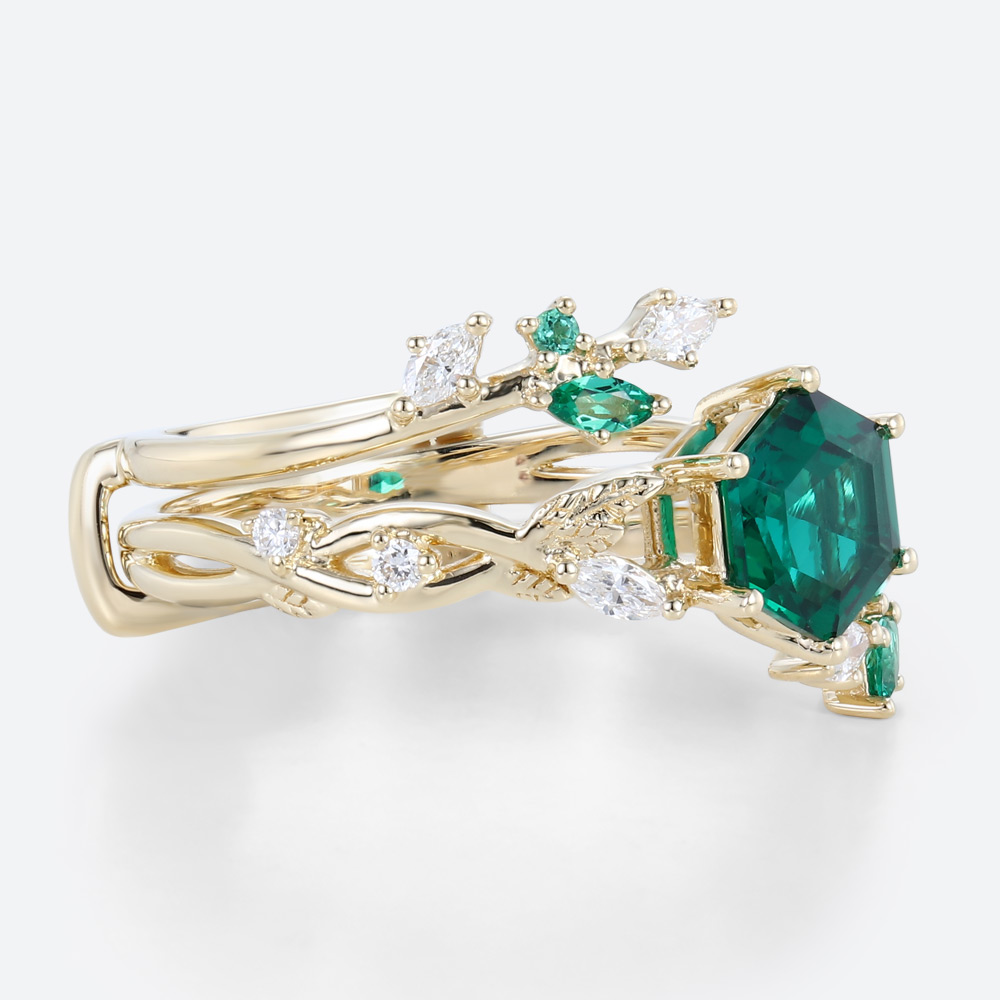 2PCS Hexagon Shaped Lab Emerald Twisted Engagement Ring Nature-Inspired Bridal Ring Set (6)