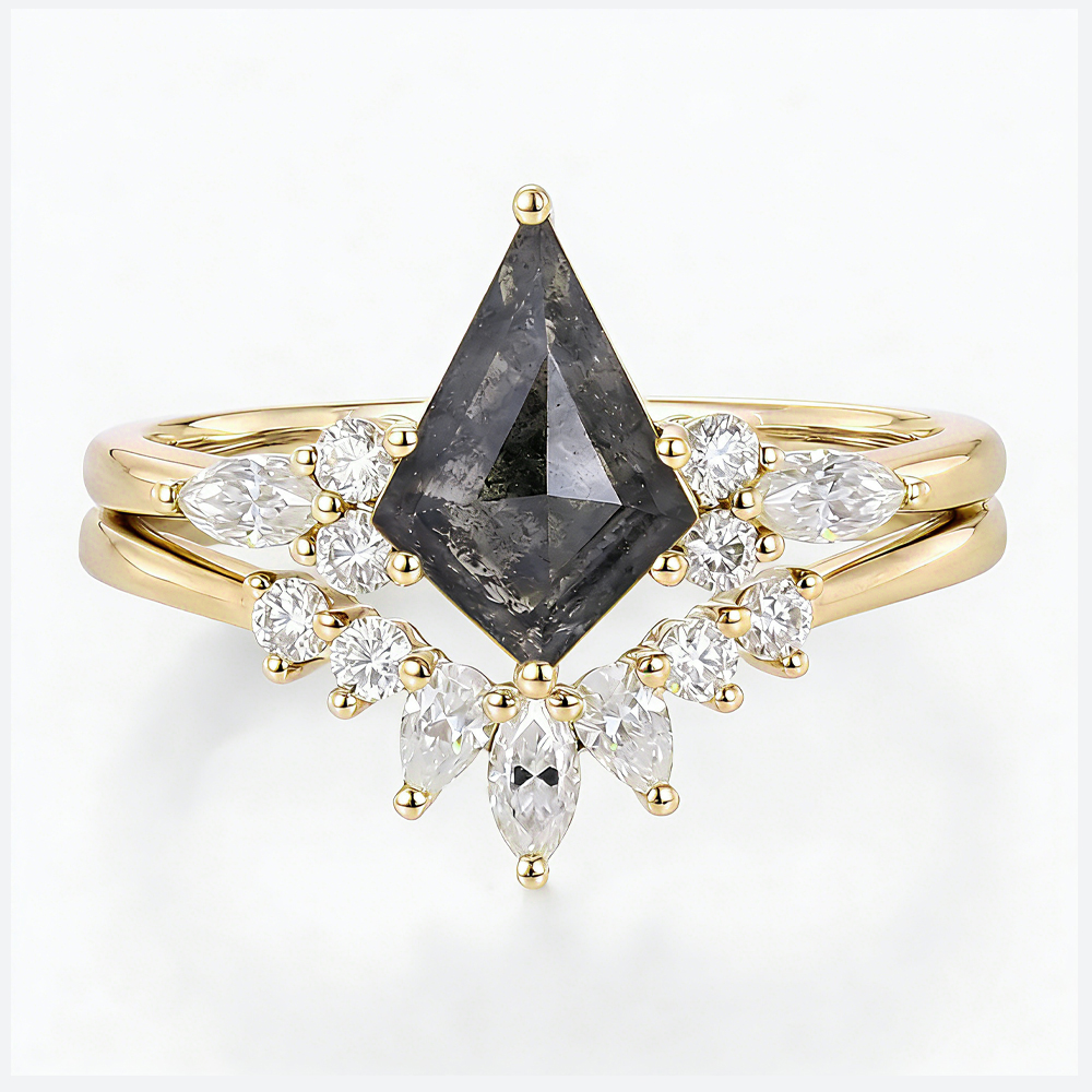 Yellow Gold 2ct Salt and Pepper Diamond Ring Set with Curved Wedding Ring