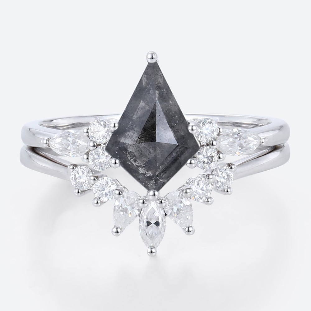 White Gold 2ct Salt and Pepper Diamond Ring Set with Curved Wedding Ring