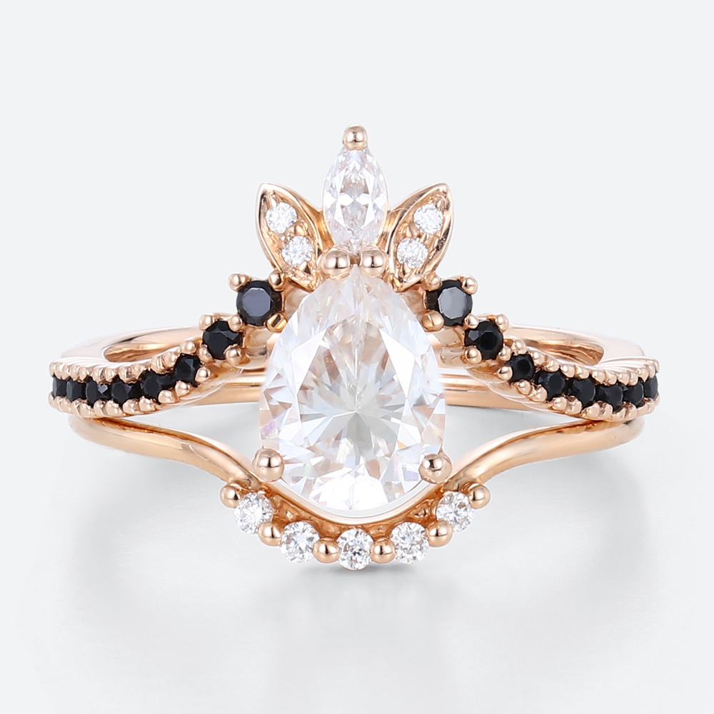 Pear Cut Engagement Ring Set 1.5 Carat Lab Grown Diamond with Black Onyx Ring