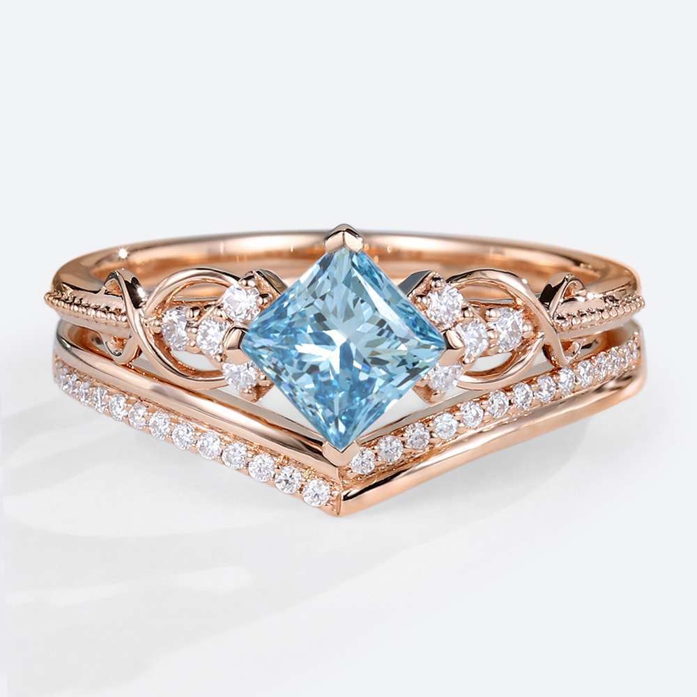 Lab Blue Diamond Rings Set 1ct Fancy Blue Princess Cut Infinity Ring in Rose Gold