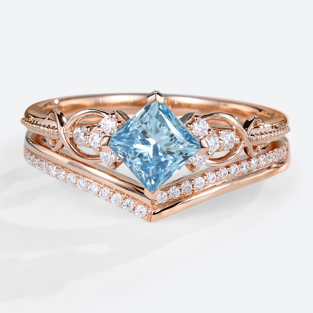 Rose Gold Princess Cut Engagement Rings Blue Lab Diamond Stacking Ring Set