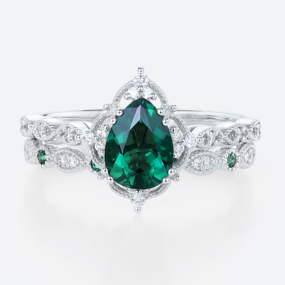 2PCS White Gold Pear Shaped Lab Emerald Engagement Ring Vintage Bridal Ring Set
