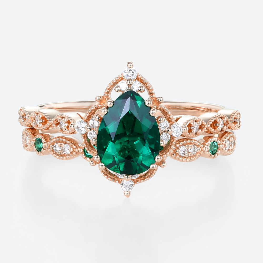 2PCS Yellow Gold Pear Shaped Lab Emerald Engagement Ring Vintage Bridal Ring Set (5)