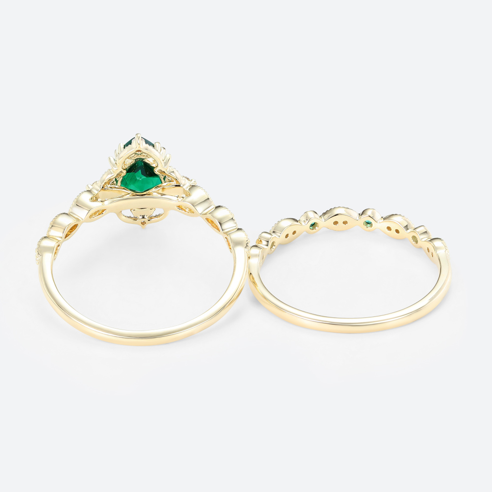 2PCS Yellow Gold Pear Shaped Lab Emerald Engagement Ring Vintage Bridal Ring Set (6)