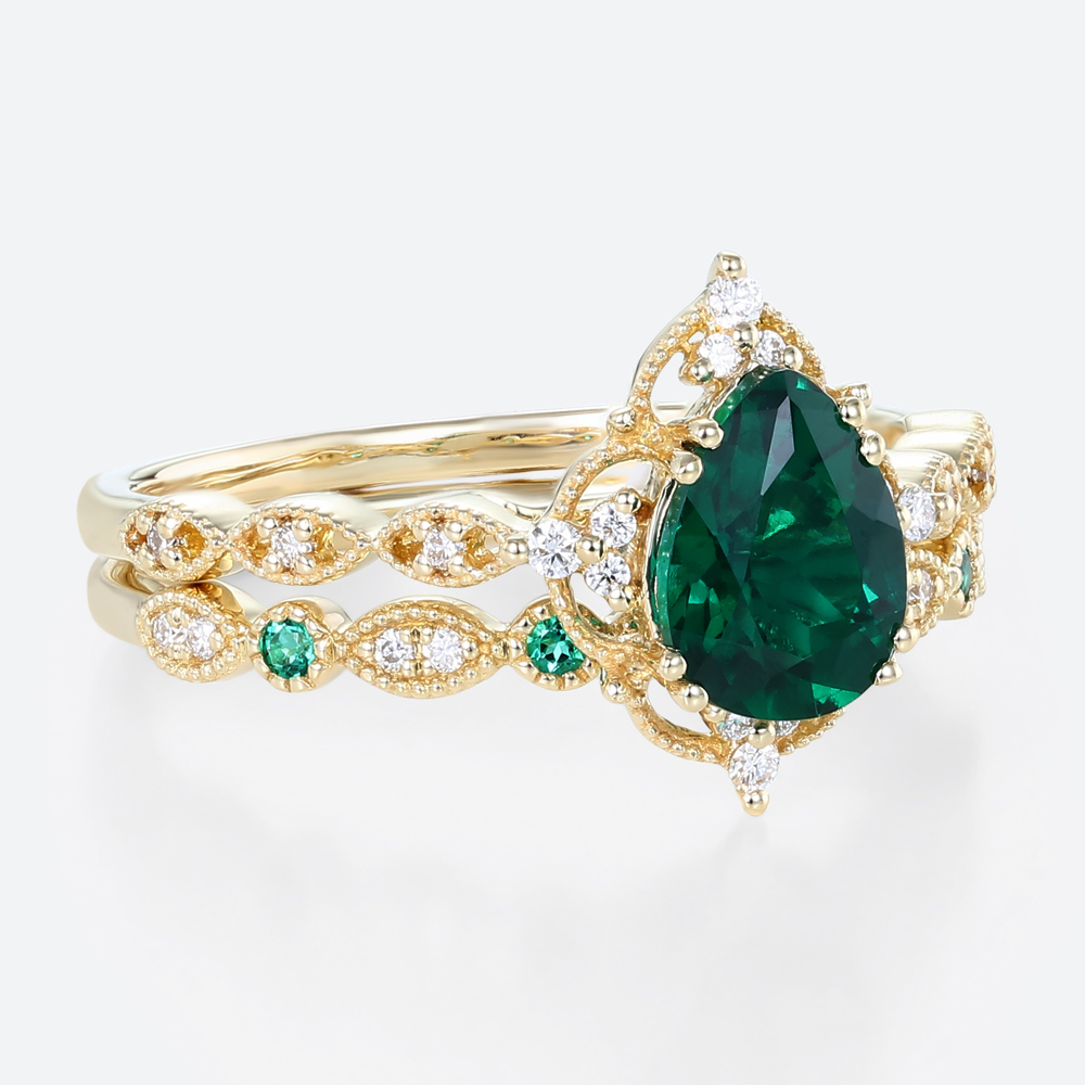 2PCS Yellow Gold Pear Shaped Lab Emerald Engagement Ring Vintage Bridal Ring Set (8)