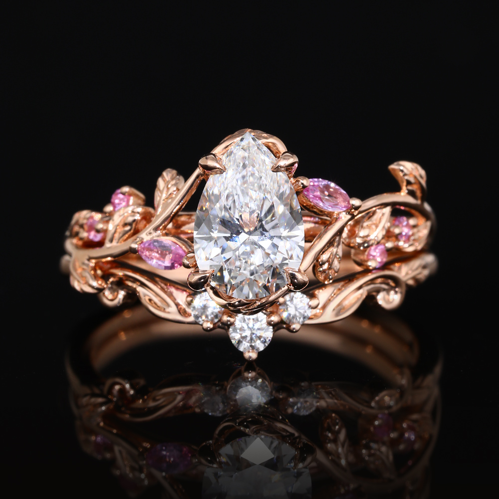 1ct Pear Cut Lab Grown Diamond Vine Bypass Bridal Ring Set with Dainty Round Accent Band and Pink Sapphire Accents in Rose Gold