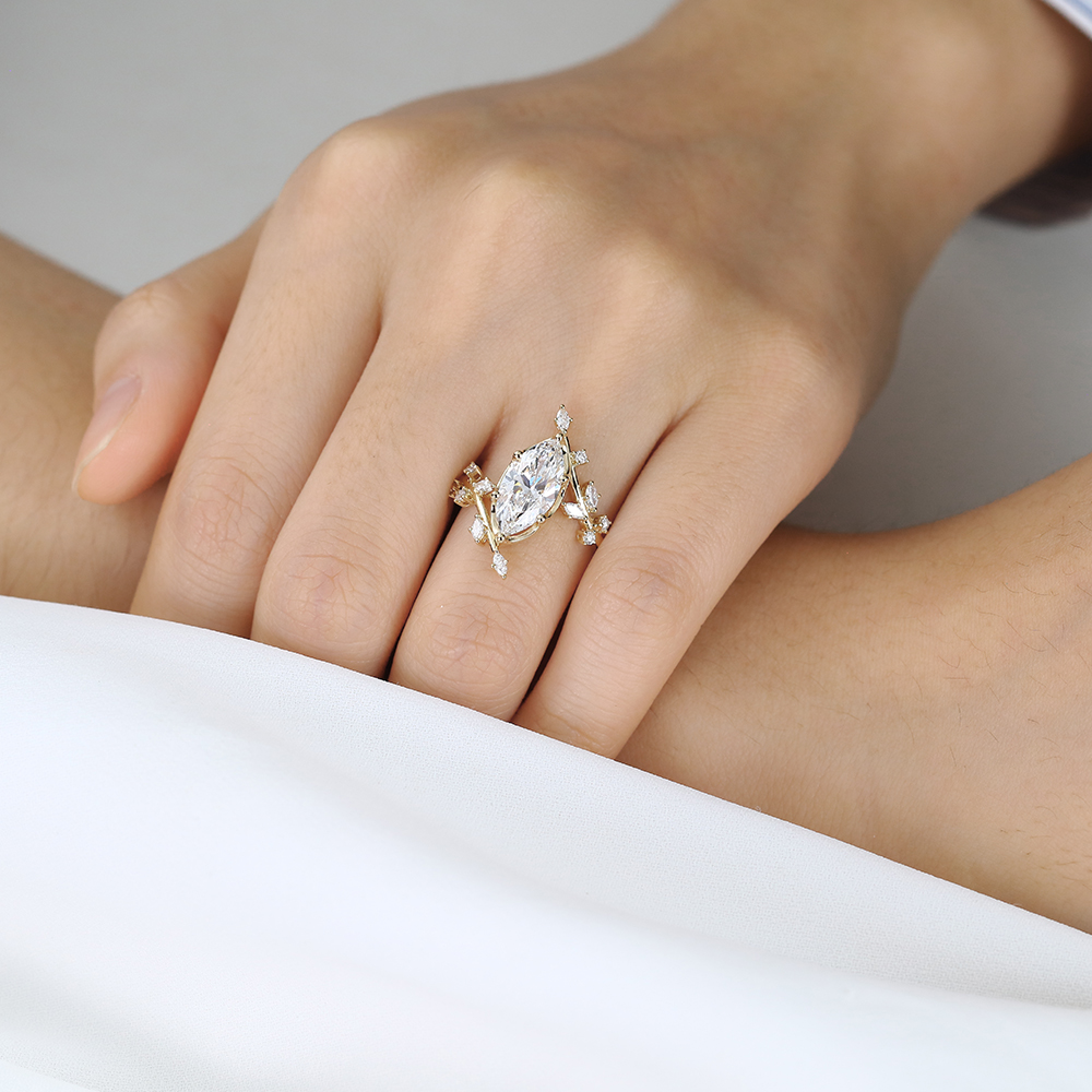 2ct Marquise Cut Lab Grown Diamond Ring Asymmetric Branch 6-Prong Engagement Ring in Yellow Gold