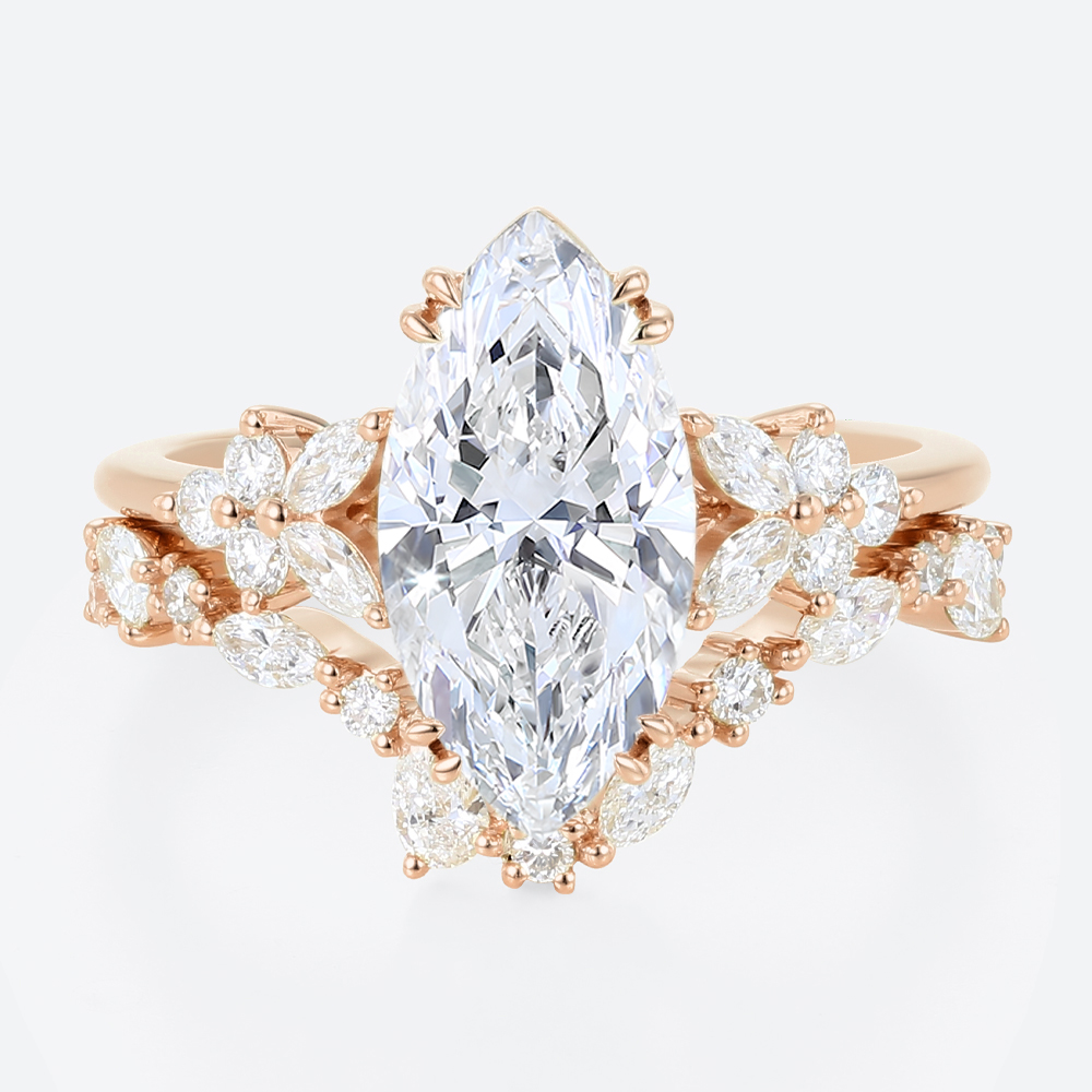 Marquise Cut Diamond Ring​ Set 2ct Floral Cluster Bridal Ring Set in Rose Gold