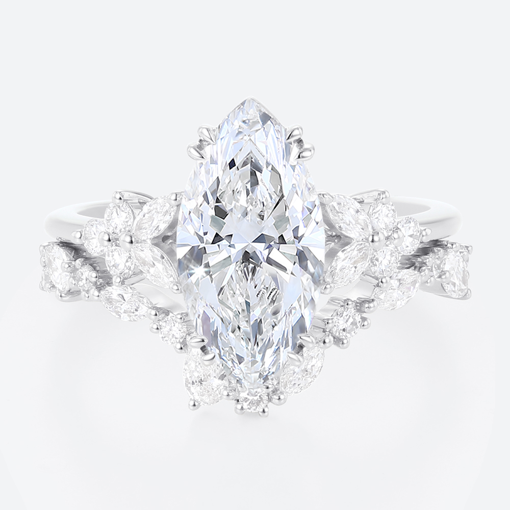 Marquise Cut Diamond Ring​ Set 2ct Floral Cluster Bridal Ring Set in White Gold