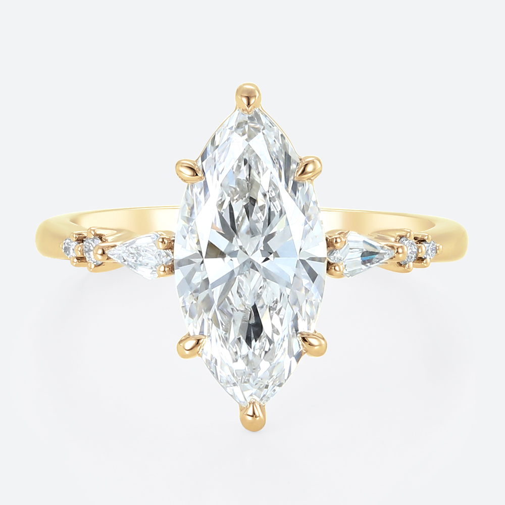 2ct Lab Diamond Marquise Cut Rings​​ Modern 6 Claw Prong Engagement Rings in Yellow Gold