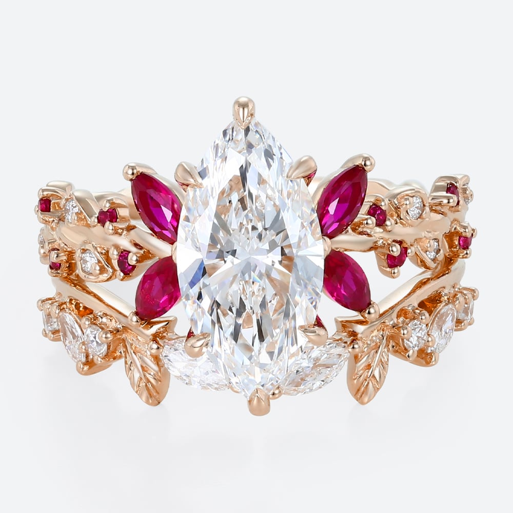2ct Marquise Lab Grown Diamond Rings Set Scarlet Bloom 4-Prong Bridal Ring Set in Rose Gold