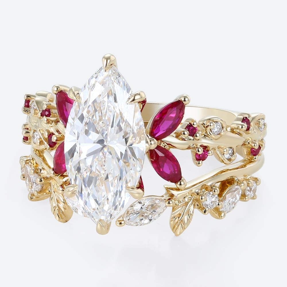 2ct Marquise Lab Grown Diamond Rings Set Scarlet Bloom 4-Prong Bridal Ring Set in Yellow Gold