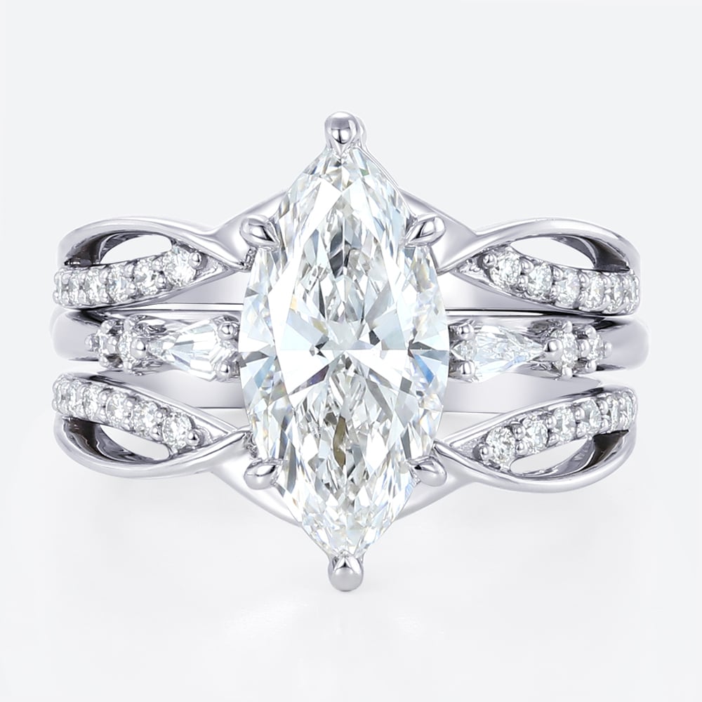 Lab Diamond Marquise Cut Rings​ Set 2ct Classic Pavé Pavé 4-Prong Bridal Ring Set in White Gold