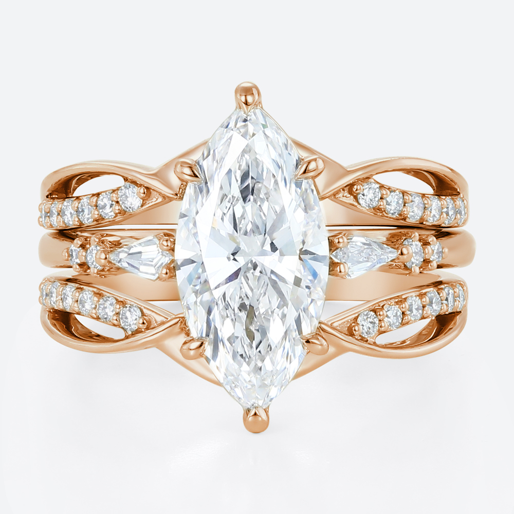 Lab Diamond Marquise Cut Rings​ Set 2ct Classic Pavé Pavé 4-Prong Bridal Ring Set in Rose Gold