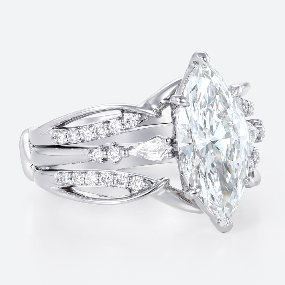 Lab Diamond Marquise Cut Rings​ Set 2ct Classic Pavé Pavé 4-Prong Bridal Ring Set in White Gold