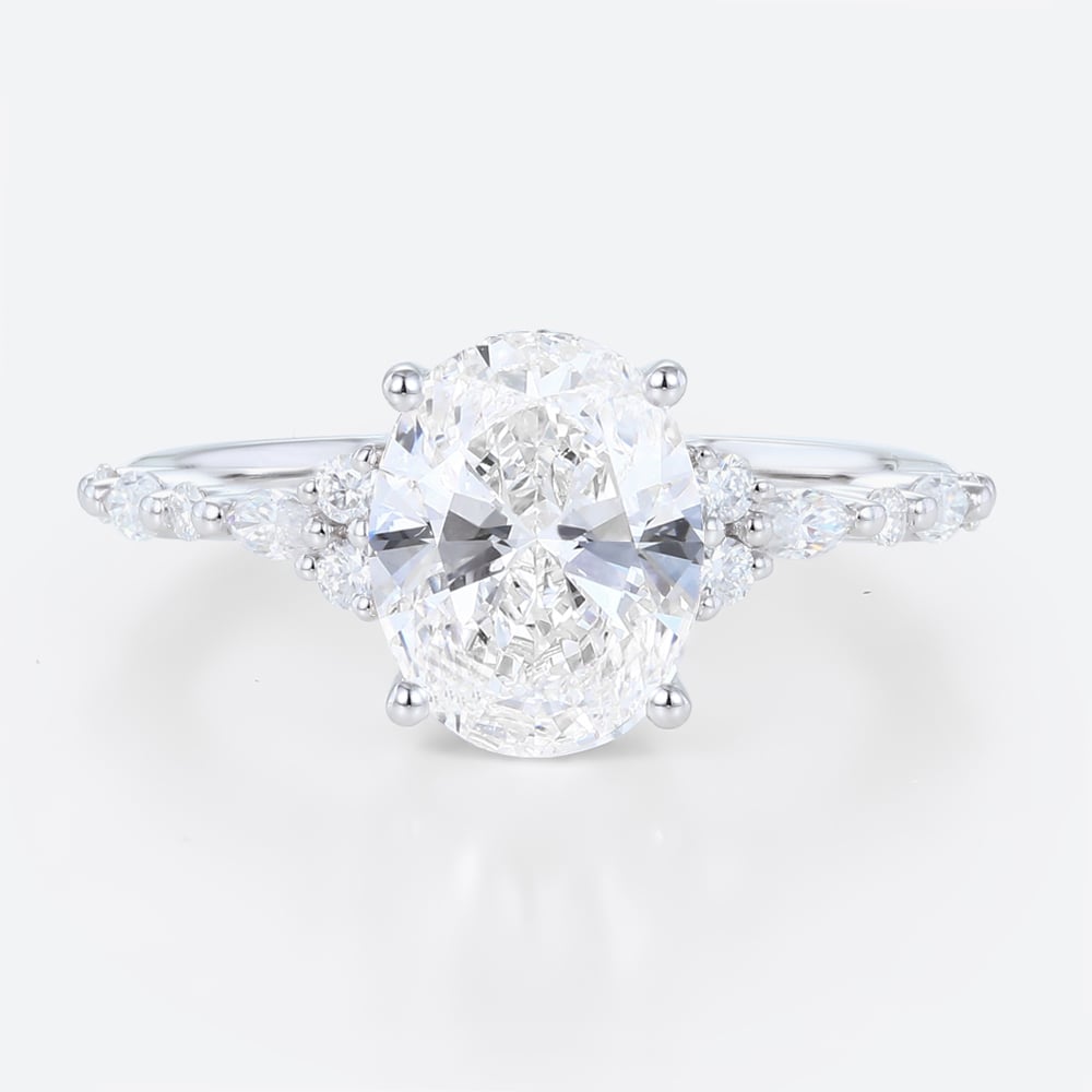 2ct Oval Lab Diamond Ring​ Semi Hidden Halo 4-Prong Engagement Ring in White Gold
