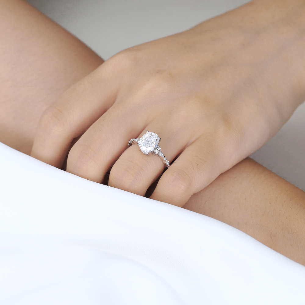 2ct Oval Lab Diamond Ring Semi Hidden Halo 4-Prong Engagement Ring in White Gold