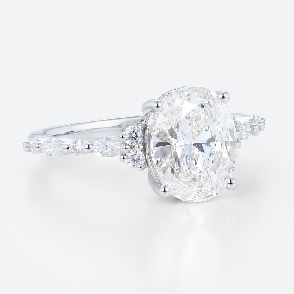 2ct Oval Lab Diamond Ring​ Semi Hidden Halo 4-Prong Engagement Ring in White Gold