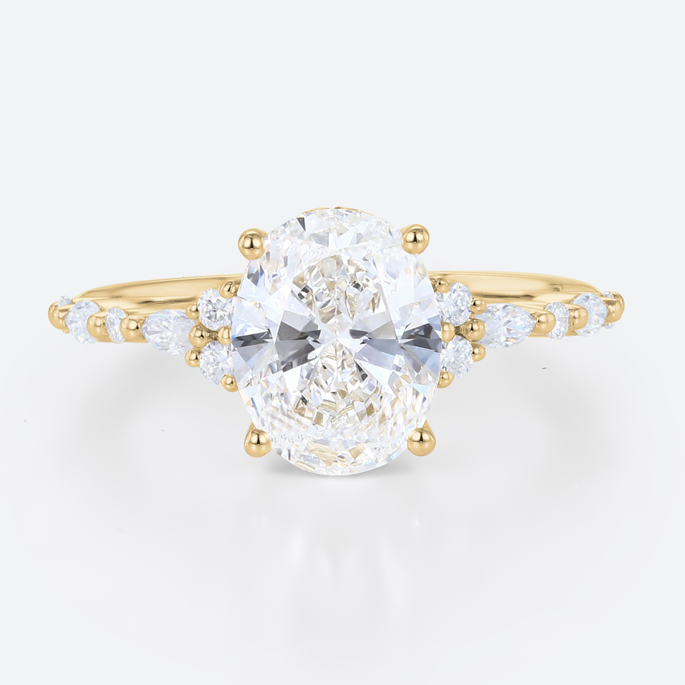 2ct Oval Lab Diamond Ring​ Semi Hidden Halo 4-Prong Engagement Ring in Yellow Gold